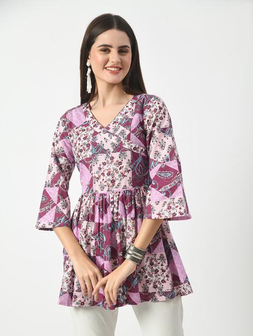 purple floral printed detailed a-line kurti - 21069221 - Very Small Image - 1