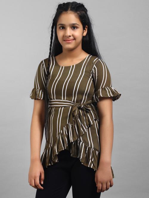 olive stripes printed short sleeves top - 21072440 - Very Small Image - 1