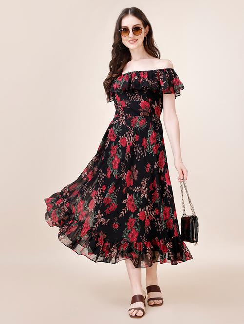 women black floral printed fit & flare dress - 21072588 - Very Small Image - 1