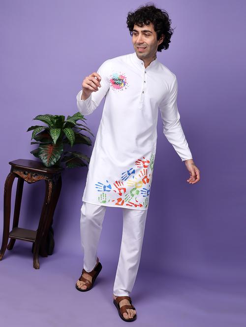 men white long sleeve holi print kurta pyjama set - 21074397 - Very Small Image - 1
