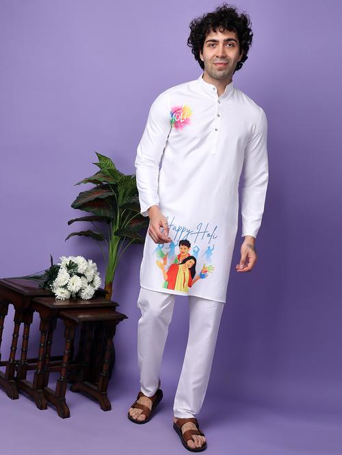 men white long sleeve holi print kurta pyjama set - 21074402 - Very Small Image - 1