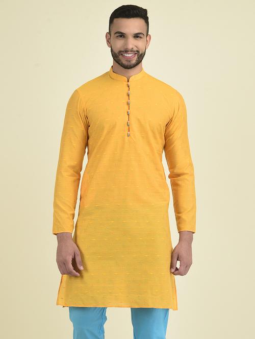 yellow cotton blend short kurta - 21075018 - Very Small Image - 1