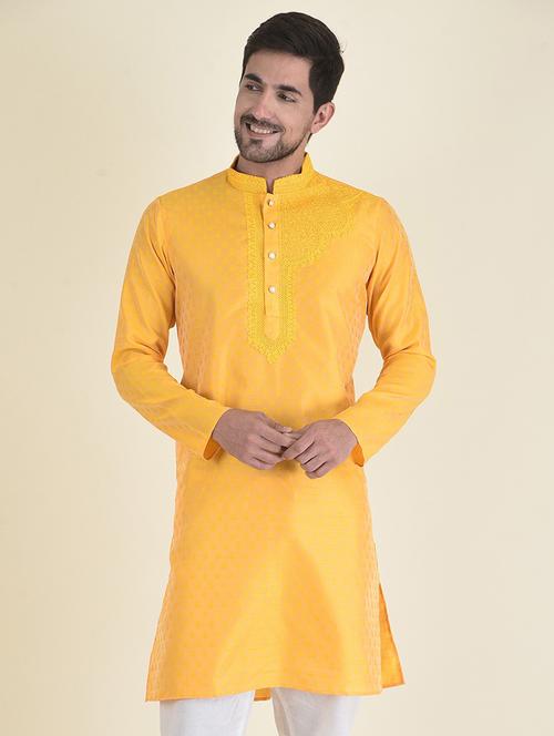 yellow cotton blend short kurta - 21075051 - Very Small Image - 1