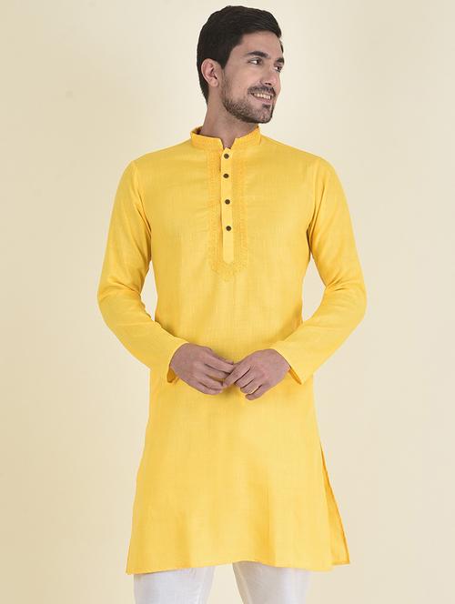 yellow cotton blend short kurta - 21075058 - Very Small Image - 1