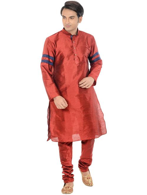 men solid red detailed kurta & churidar set - 21078853 - Very Small Image - 1