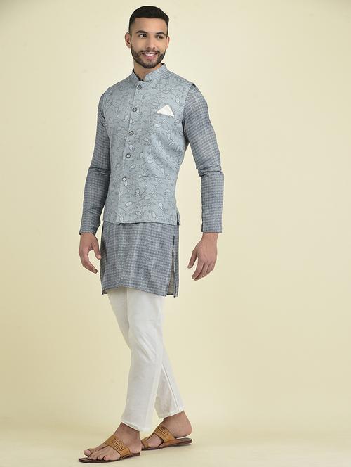 men grey floral printed kurta & pyjama with jacket set - 21078985 - Very Small Image - 1