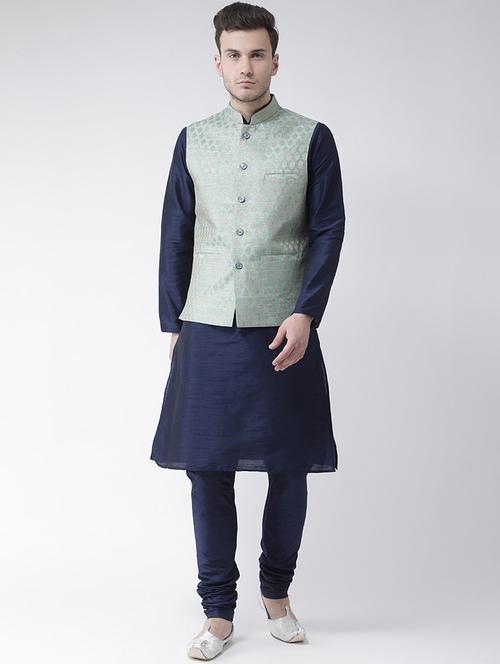 navy blue silk blend kurta pyjama with jacket ethnic wear set - 21079422 - Very Small Image - 1