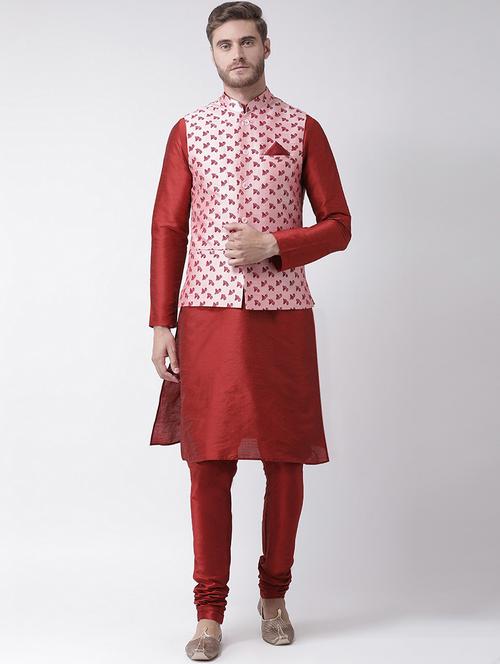 men mandarin neck silk kurta churidar with jacket - 21079558 - Very Small Image - 1