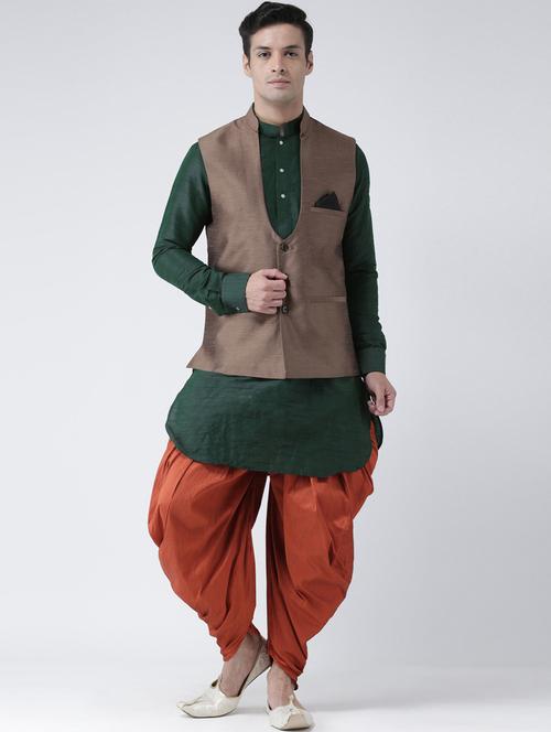 men solid green kurta jacket & dhoti set - 21079623 - Very Small Image - 1