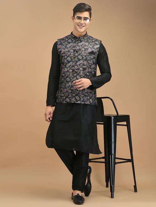 men black printed kurta jacket & pyjama set - 21079738 - Very Small Image - 1