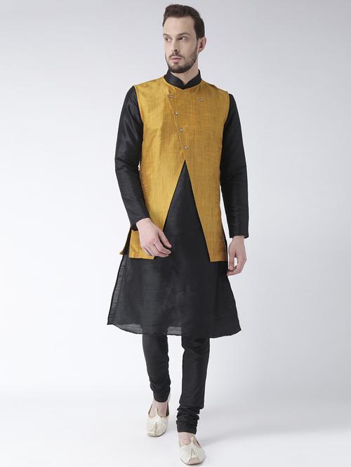 men black & yellow kurta jacket & churidar set - 21080247 - Very Small Image - 1