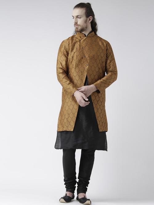 men black & mustard self design kurta jacket & churidar set - 21080259 - Very Small Image - 1