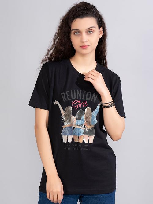 women round neck front printed t-shirt - 21093301 - Very Small Image - 1