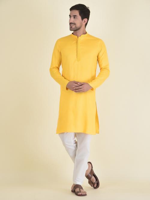 yellow cotton blend kurta with trousers ethnic wear set - 21094808 - Very Small Image - 1