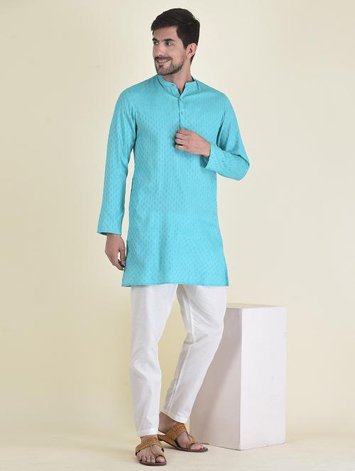 light blue cotton blend kurta pyjama ethnic wear set - 21094870 - Very Small Image - 1