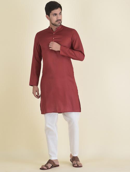 maroon cotton blend kurta pyjama ethnic wear set - 21094915 - Very Small Image - 1