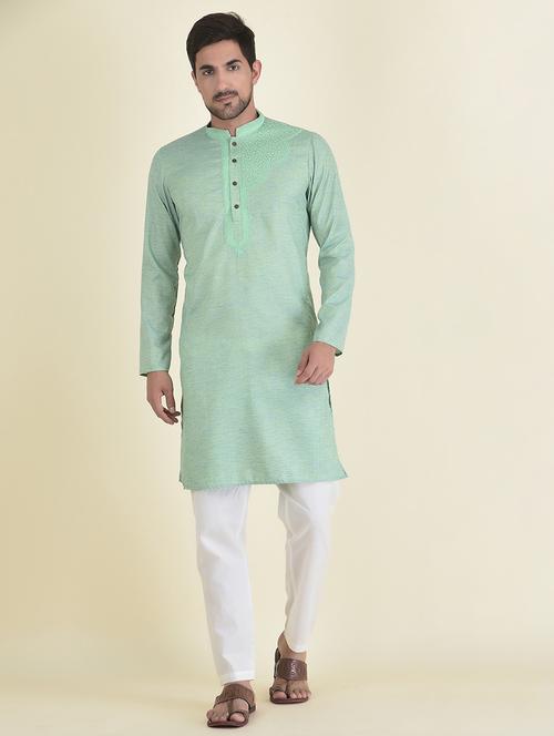 light green cotton blend kurta pyjama ethnic wear set - 21094935 - Very Small Image - 1