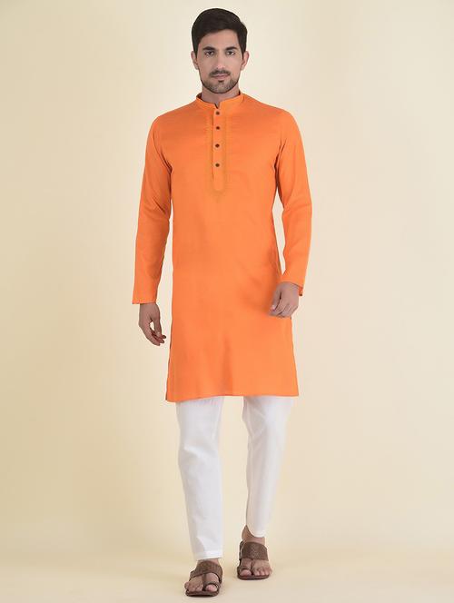 orange cotton blend kurta pyjama ethnic wear set - 21094957 - Very Small Image - 1