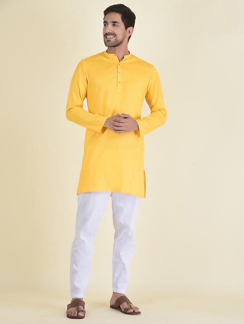 yellow cotton blend kurta pyjama ethnic wear set - 21094970 - Very Small Image - 1