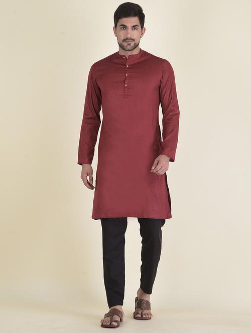 maroon cotton blend kurta pyjama ethnic wear set - 21095011 - Very Small Image - 1