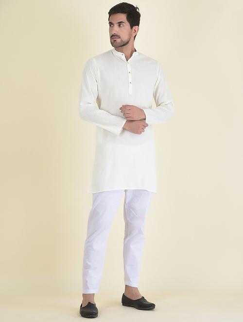 white cotton blend kurta pyjama ethnic wear set - 21095032 - Very Small Image - 1