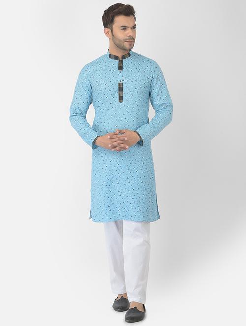 men blue printed kurta with trousers ethnic wear set - 21095339 - Very Small Image - 1