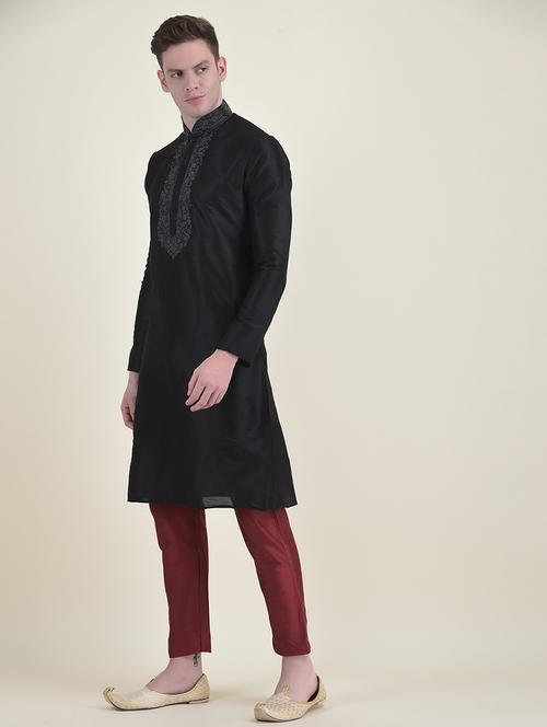 black silk blend kurta with trousers ethnic wear set - 21095440 - Very Small Image - 1