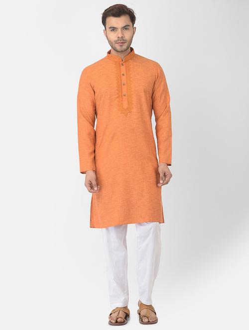 orange cotton kurta with trousers ethnic wear set - 21095528 - Very Small Image - 1
