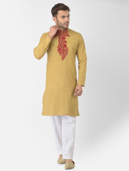 men green embroidered kurta pyjama ethnic wear set - 21095571 - Very Small Image - 1