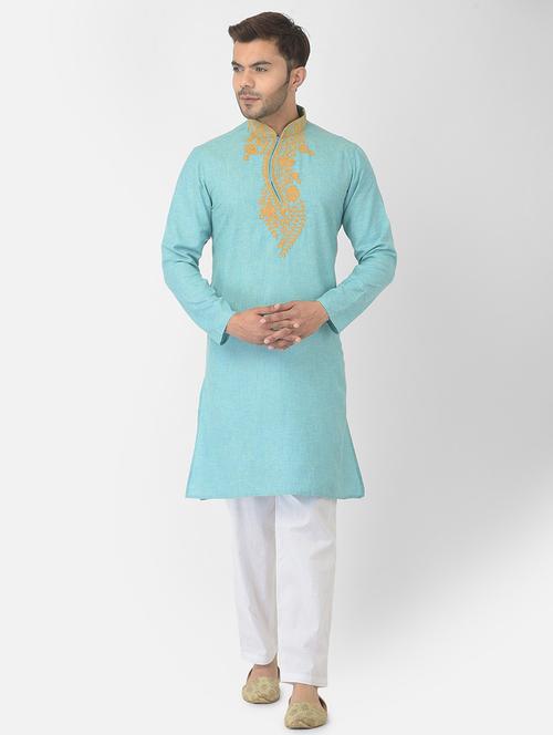 men blue embroidered kurta pyjama ethnic wear set - 21095577 - Very Small Image - 1