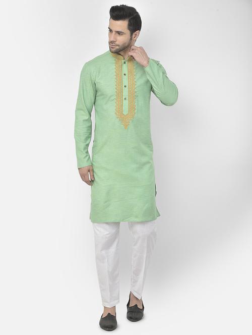 men green embroidered kurta with trousers ethnic wear set - 21095616 - Very Small Image - 1