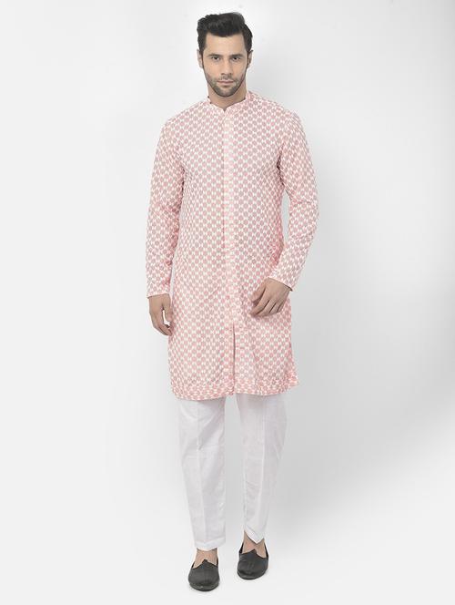 men pink self-designed kurta with trousers ethnic wear set - 21095900 - Very Small Image - 1