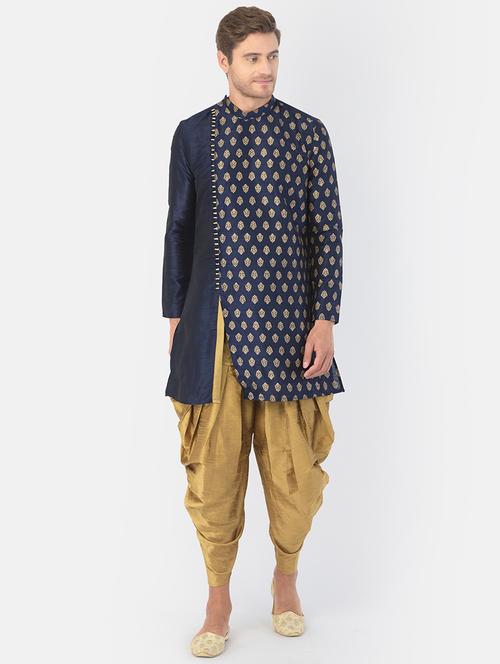 men navy blue printed dhoti kurta ethnic wear set - 21096094 - Very Small Image - 1