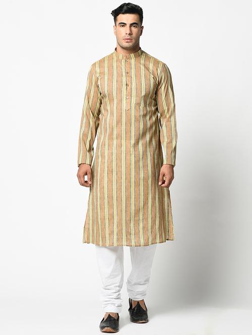 men long sleeve stripes kurta with trousers ethnic wear set - 21096130 - Very Small Image - 1