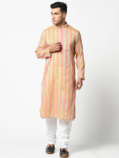men long sleeve stripes kurta with trousers ethnic wear set - 21096137 - Very Small Image - 1