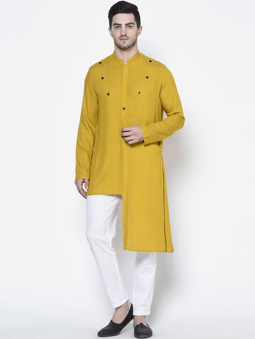 yellow solid viscose kurta with trousers ethnic wear set - 21096178 - Very Small Image - 1