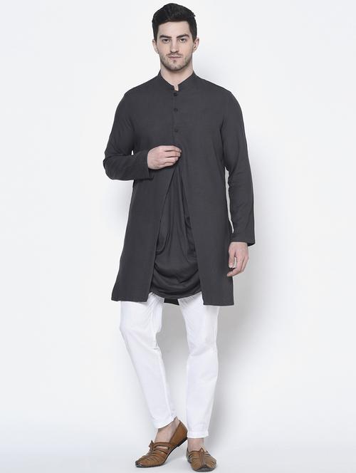 men long sleeve solid kurta with trousers ethnic wear set - 21096181 - Very Small Image - 1