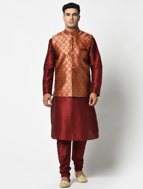 red cotton blend kurta with trousers ethnic wear set - 21096975 - Very Small Image - 1