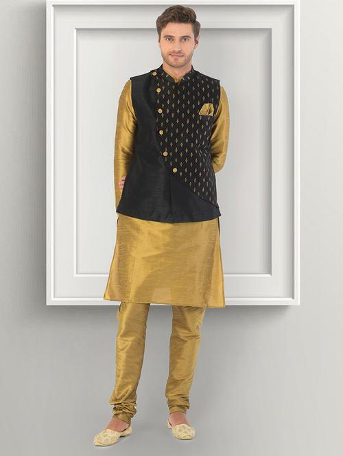 men gold self design kurta pyjama & jacket set - 21097099 - Very Small Image - 1