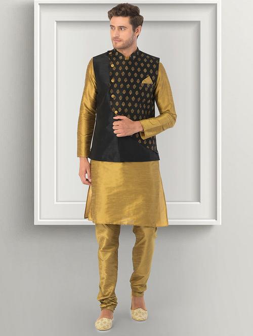 men gold self design kurta pyjama & jacket set - 21097101 - Very Small Image - 1