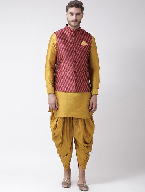 men yellow & red self design dhoti kurta set - 21097125 - Very Small Image - 1