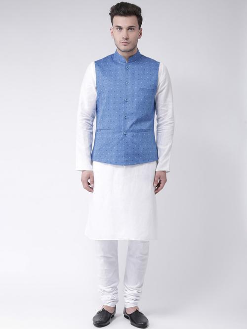 men white & blue printed kurta pyjama & jacket set - 21097778 - Very Small Image - 1