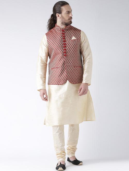 men beige & maroon self design kurta pyjama & jacket set - 21097838 - Very Small Image - 1