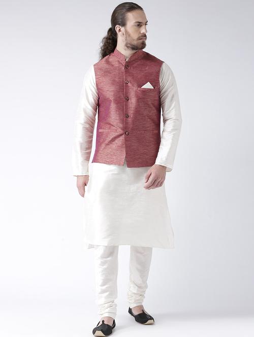 men white & red self design kurta pyjama & jacket set - 21097841 - Very Small Image - 1