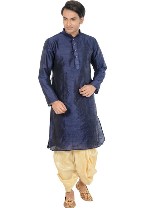 dark blue pure silk dhoti kurta ethnic wear set - 21098006 - Very Small Image - 1