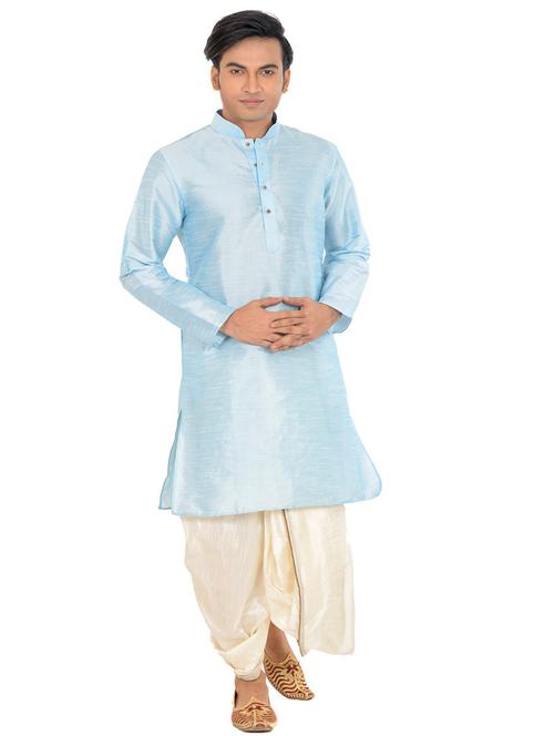 light blue pure silk dhoti kurta ethnic wear set - 21098111 - Very Small Image - 1