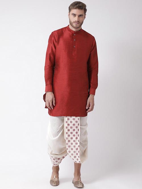maroon pure silk dhoti kurta ethnic wear set - 21098121 - Very Small Image - 1