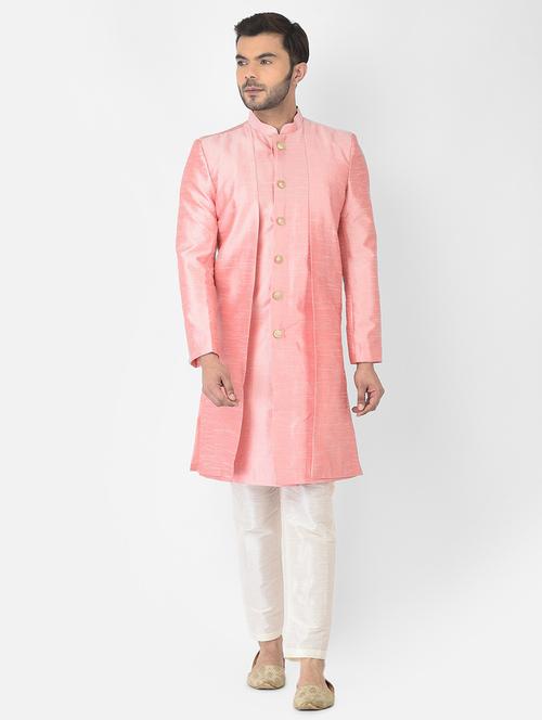 men pink & white detailed sherwani set - 21098145 - Very Small Image - 1