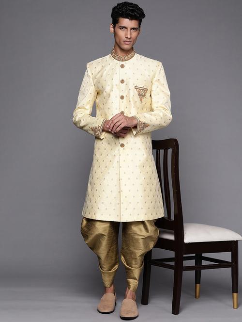men beige & brown self design sherwani set - 21098160 - Very Small Image - 1
