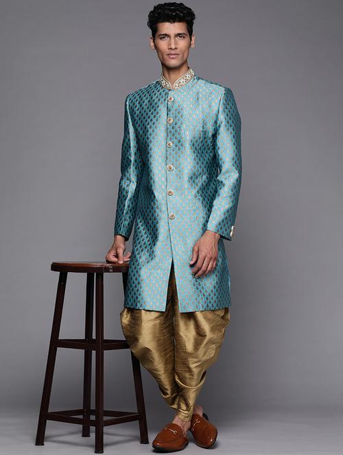 men blue & brown self design sherwani set - 21098177 - Very Small Image - 1